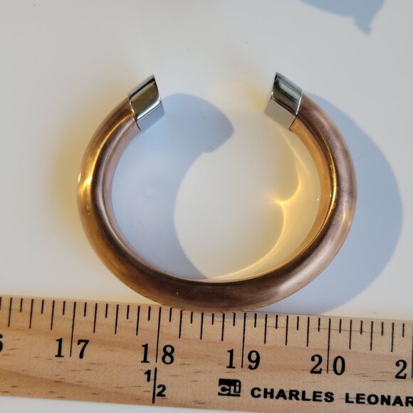 Rose Gold Plated Open Cuff Bangle Bracelet With Polished Silver-Tone Ends - Picture 6 of 7